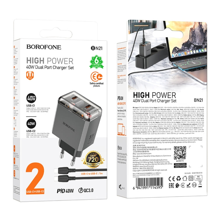 BOROFONE BN21 PD 40W 2 Type-C Charger with 1m Type-C to Type-C Cable Set, For:EU Plug(Tarnish) - USB Charger by Borofone | Online Shopping South Africa | PMC TechLife | Buy Now Pay Later Mobicred