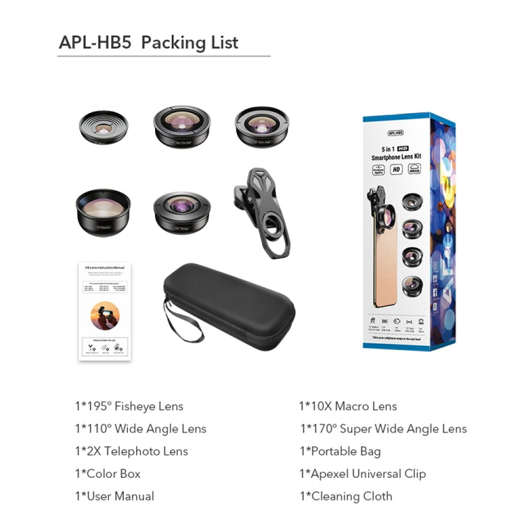 APEXEL APL-HB5 5 in 1 Wide Angle Macro Fisheye HD External Mobile Phone Lens(Set) - free shipping - PMC TechLife - Order now!