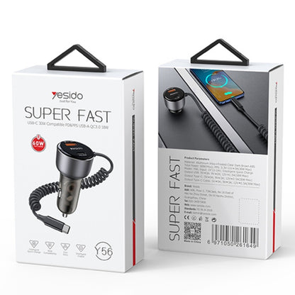 Yesido Y56 60W PD + QC3.0 Dual Port Car Charger with USB-C / Type-C Spring Data Cable - Car Charger by Yesido | Online Shopping South Africa | PMC Jewellery | Buy Now Pay Later Mobicred