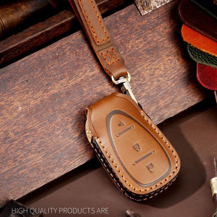 For Chevrolet 3-button Hallmo Car Cowhide Leather Key Protective Cover Key Case(Brown) - Car Key Cases by Hallmo | Online Shopping South Africa | PMC TechLife | Buy Now Pay Later Mobicred