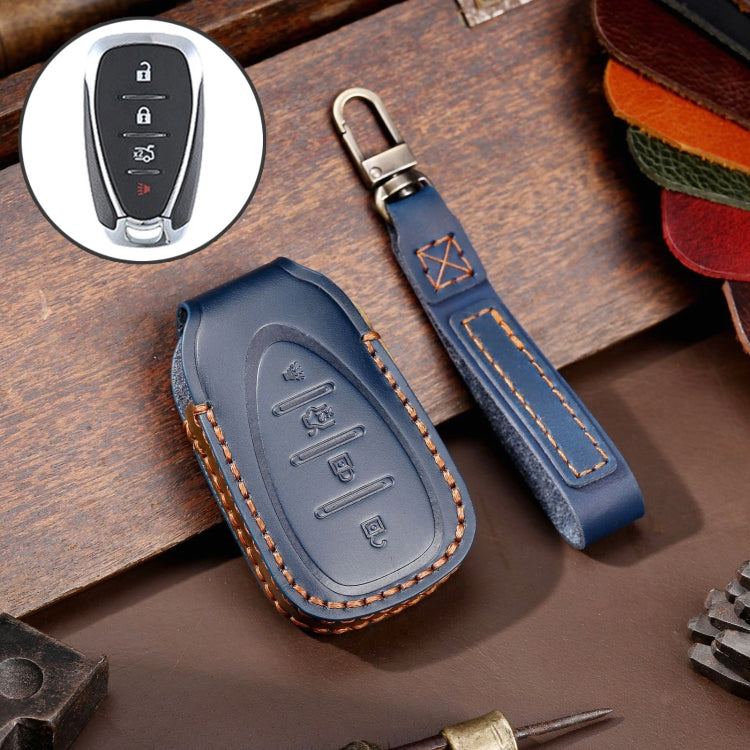 For Chevrolet 4-button Hallmo Car Cowhide Leather Key Protective Cover Key Case(Blue) - Car Key Cases by Hallmo | Online Shopping South Africa | PMC TechLife | Buy Now Pay Later Mobicred