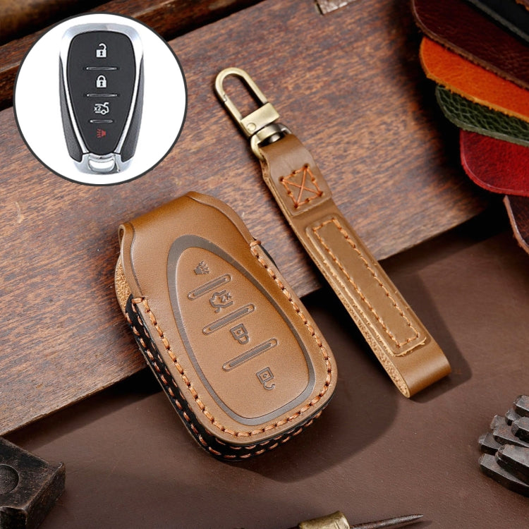 For Chevrolet 4-button Hallmo Car Cowhide Leather Key Protective Cover Key Case(Brown) - Car Key Cases by Hallmo | Online Shopping South Africa | PMC TechLife | Buy Now Pay Later Mobicred