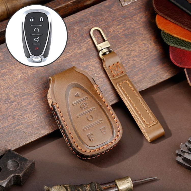 For Chevrolet 5-button Hallmo Car Cowhide Leather Key Protective Cover Key Case(Brown) - Car Key Cases by Hallmo | Online Shopping South Africa | PMC TechLife | Buy Now Pay Later Mobicred