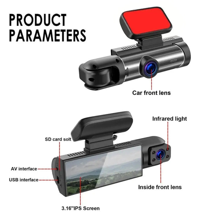 3.16 inch 1080P HD Night Vision Front and Inside Dual Lenses Driving Recorder - Car DVRs by PMC TechLife | Online Shopping South Africa | PMC TechLife | Buy Now Pay Later Mobicred