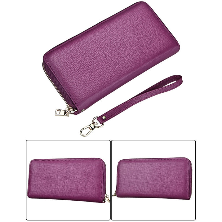 Genuine Cowhide Leather Litchi Texture Zipper Long Style Card Holder Wallet RFID Blocking Coin Purse Card Bag Protect Case with Hand Strap for Women, Size: 20*10.5*3cm(Purple) - Antimagnetic RFID Package by PMC Jewellery | Online Shopping South Africa | PMC Jewellery | Buy Now Pay Later Mobicred