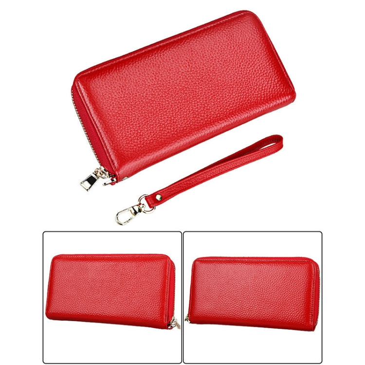 Genuine Cowhide Leather Litchi Texture Zipper Long Style Card Holder Wallet RFID Blocking Coin Purse Card Bag Protect Case with Hand Strap for Women, Size: 20*10.5*3cm(Red) - Antimagnetic RFID Package by PMC Jewellery | Online Shopping South Africa | PMC Jewellery | Buy Now Pay Later Mobicred