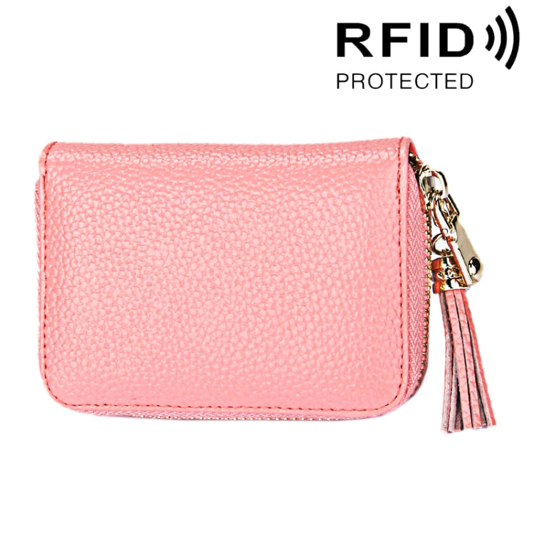 Genuine Cowhide Leather Solid Color Zipper Card Holder Wallet RFID Blocking Card Bag Protect Case Coin Purse with Tassel Pendant & 15 Card Slots for Women, Size: 11.1*7.6*3.5cm(Pink) - Antimagnetic RFID Package by PMC Jewellery | Online Shopping South Africa | PMC Jewellery | Buy Now Pay Later Mobicred