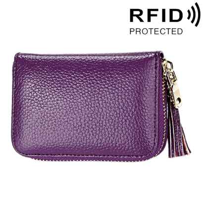 Genuine Cowhide Leather Solid Color Zipper Card Holder Wallet RFID Blocking Card Bag Protect Case Coin Purse with Tassel Pendant & 15 Card Slots for Women, Size: 11.1*7.6*3.5cm(Purple) - Antimagnetic RFID Package by PMC Jewellery | Online Shopping South Africa | PMC Jewellery | Buy Now Pay Later Mobicred