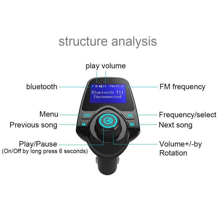 T11 Bluetooth FM Transmitter Car MP3 Player with LED Display, Support Double USB Charge & Handsfree & TF Card & U Disk Music Play Function - Bluetooth Car Kits by PMC TechLife | Online Shopping South Africa | PMC TechLife | Buy Now Pay Later Mobicred