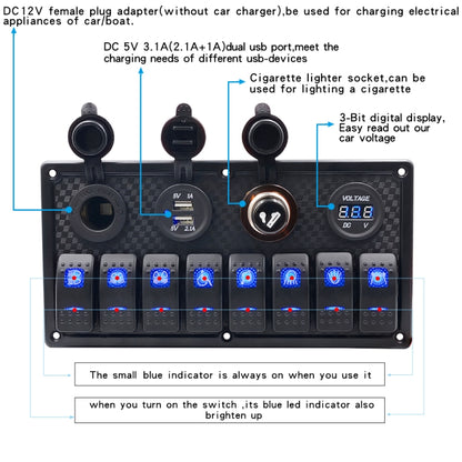 5Pin Multi-function Combination Switch Panel Voltmeter + Cigarette Lighter + Double Lights 8 Way Switches + Dual USB Charger + Cigarette Lighter Socketfor Car RV Marine Boat - Car Switches by PMC Jewellery | Online Shopping South Africa | PMC Jewellery