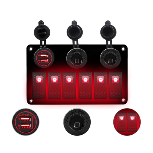 Multi-functional Combination Switch Panel 12V / 24V 6 Way Switches + Dual USB Charger for Car RV Marine Boat (Red Light) - Car Switches by PMC Jewellery | Online Shopping South Africa | PMC Jewellery | Buy Now Pay Later Mobicred