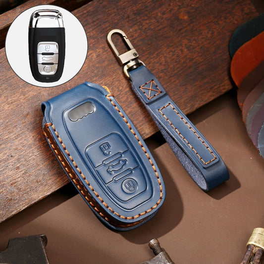 Hallmo Car Cowhide Leather Key Protective Cover Key Case for Audi A6L / A8L / A4 / A7 / A5 B Style(Blue) - Car Key Cases by Hallmo | Online Shopping South Africa | PMC Jewellery | Buy Now Pay Later Mobicred