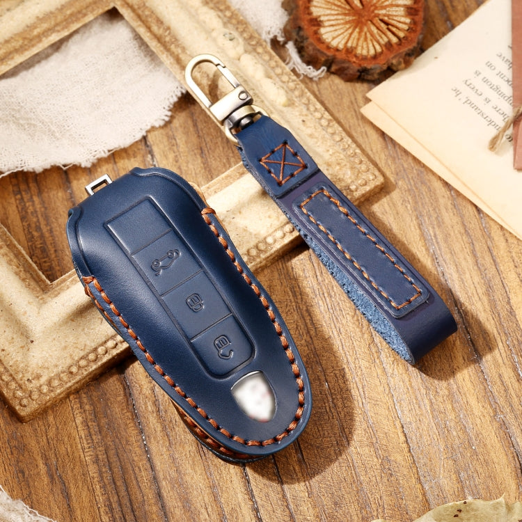 Hallmo Car Cowhide Leather Key Protective Cover Key Case for Porsche Macan 718 2021 A Style(Blue) - Car Key Cases by Hallmo | Online Shopping South Africa | PMC Jewellery | Buy Now Pay Later Mobicred