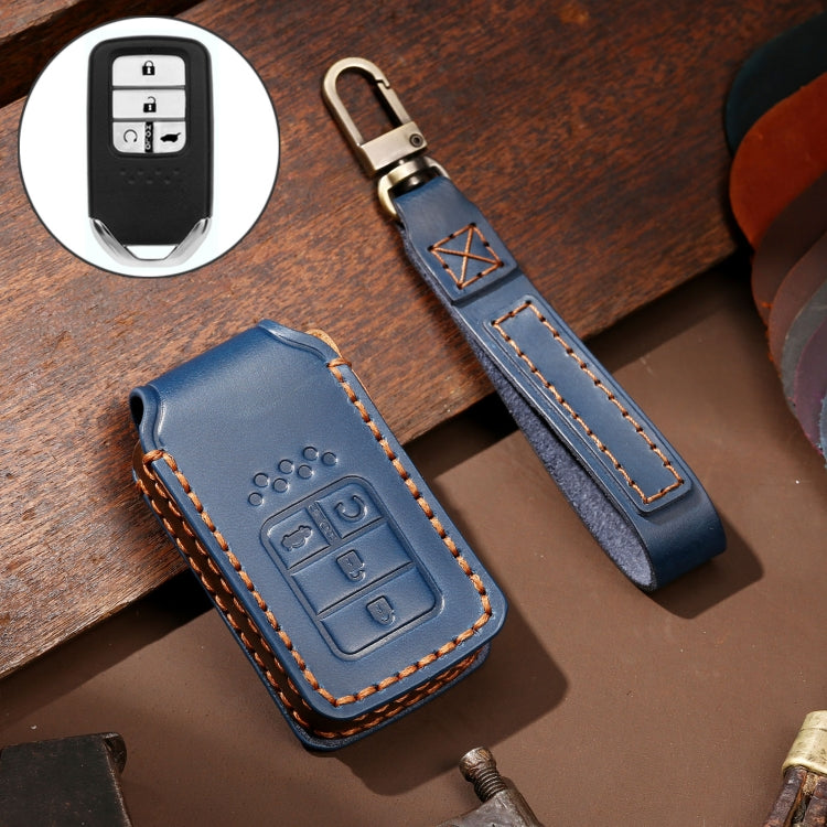 Hallmo Car Cowhide Leather Key Protective Cover Key Case for Honda 4-button(Blue) - Car Key Cases by Hallmo | Online Shopping South Africa | PMC Jewellery | Buy Now Pay Later Mobicred