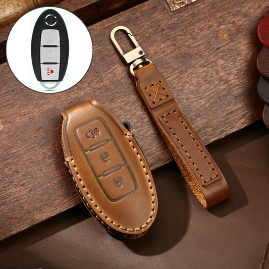 Hallmo Car Cowhide Leather Key Protective Cover Key Case for Nissan Sylphy 3-button Horn(Brown) - Car Key Cases by Hallmo | Online Shopping South Africa | PMC Jewellery | Buy Now Pay Later Mobicred