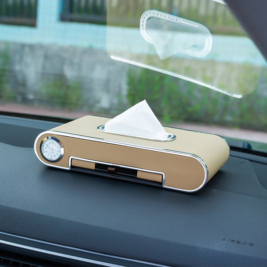 Car Dashboard Diamond Paper Towel Box with Temporary Parking Phone Number Card & Phone Holder & Clock(Beige) - Tissue Boxes by PMC Jewellery | Online Shopping South Africa | PMC Jewellery