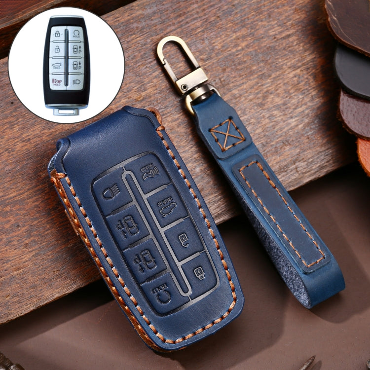 Hallmo Car Cowhide Leather Key Protective Cover Key Case for Hyundai Rohens Genesis 8-button(Blue) - Car Key Cases by Hallmo | Online Shopping South Africa | PMC Jewellery | Buy Now Pay Later Mobicred