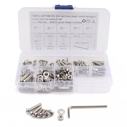 190 PCS 304 Stainless Steel Screws and Nuts M4 Hex Socket Head Cap Screws Gasket Wrench Assortment Set Kit - Booster Cable & Clip by PMC Jewellery | Online Shopping South Africa | PMC Jewellery | Buy Now Pay Later Mobicred