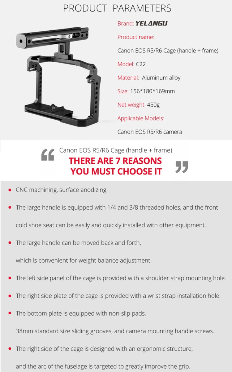 YELANGU C22 YLG0334B Video Camera Cage Stabilizer with Handle for Canon EOS R5/R6 (Black) - free shipping - PMC TechLife - Order now!