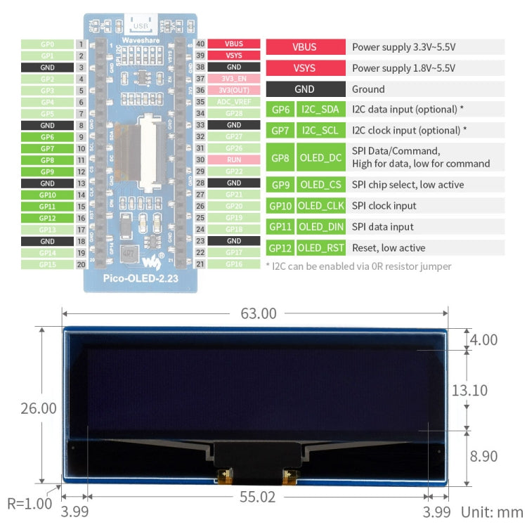 WAVESHARE 128 x 32 Pixel 2.23 inch OLED Display Module for Raspberry Pi Pico, SPI/I2C - Modules Expansions Accessories by WAVESHARE | Online Shopping South Africa | PMC Jewellery | Buy Now Pay Later Mobicred