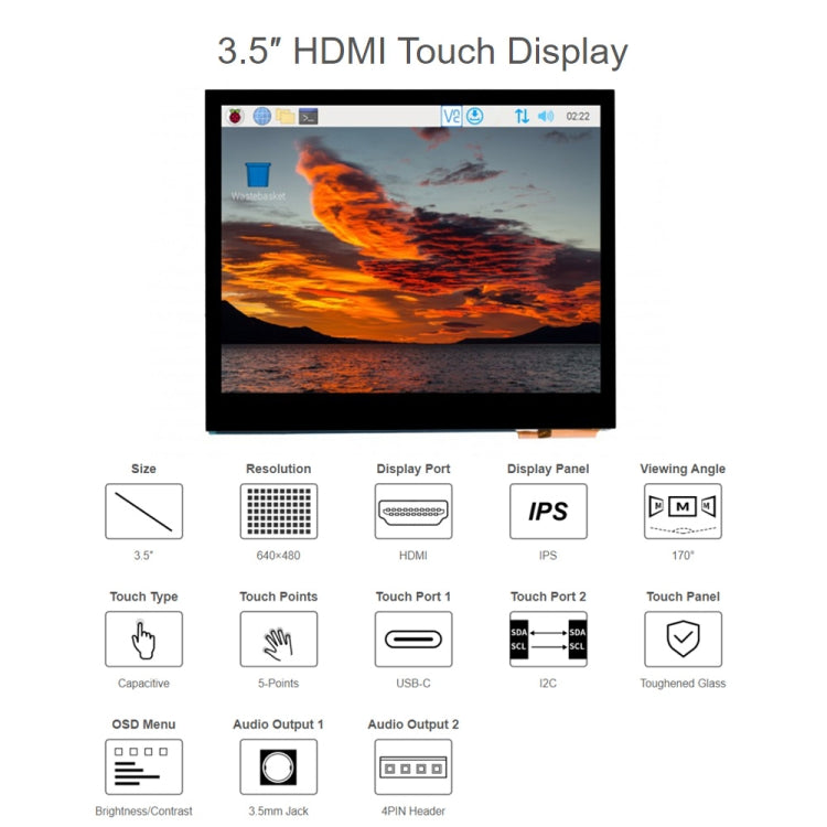 Waveshare 3.5 inch HDMI Capacitive Touch IPS LCD Display (E), 640 x 480, Audio Jack - Modules Expansions Accessories by WAVESHARE | Online Shopping South Africa | PMC Jewellery | Buy Now Pay Later Mobicred