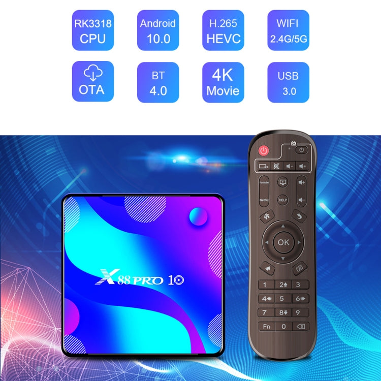 X88 Pro 10 4K Ultra HD Android TV Box with Remote Controller, Android 10.0, RK3318 Quad-Core 64bit Cortex-A53, 2GB+16GB, Support Bluetooth / Dual-Band WiFi / TF Card / USB / AV / Ethernet(US Plug) - RK3318 by PMC Jewellery | Online Shopping South Africa | PMC Jewellery | Buy Now Pay Later Mobicred