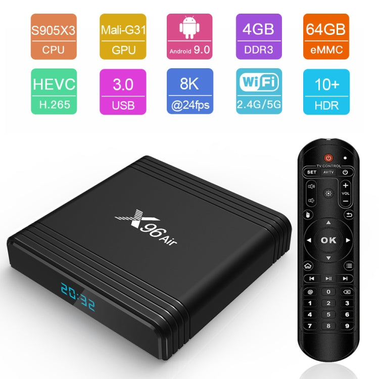 X96 Air 8K Smart TV BOX Android 9.0 Media Player with Remote Control, Quad-core Amlogic S905X3, RAM: 4GB, ROM: 64GB, Dual Band WiFi, Bluetooth, AU Plug - Amlogic S905 by PMC Jewellery | Online Shopping South Africa | PMC Jewellery | Buy Now Pay Later Mobicred