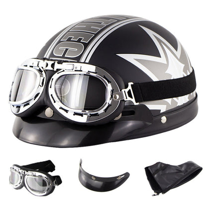 Soman Electromobile Motorcycle Half Face Helmet Retro Harley Helmet with Goggles(Matte Black Maple Leaf) - Helmets by SOMAN | Online Shopping South Africa | PMC Jewellery | Buy Now Pay Later Mobicred