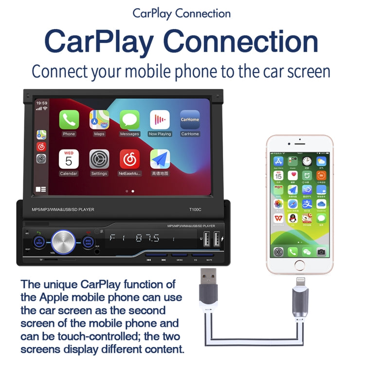 T100C 7 inch Manually Retractable Screen Car MP5 Player Radio, Support Mirror Link & FM & TF Card & USB & Bluetooth Hand-free Calling & Reversing Trajectory System & CayPlay Connection - Car MP3 & MP4 & MP5 by PMC Jewellery | Online Shopping South Africa | PMC Jewellery | Buy Now Pay Later Mobicred