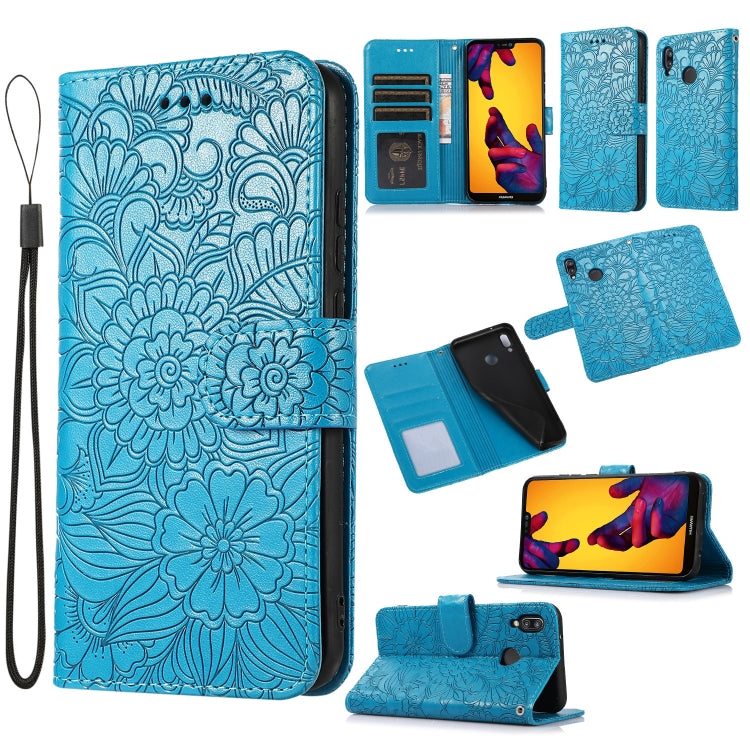 For Huawei P20 lite Skin Feel Embossed Sunflower Horizontal Flip Leather Case with Holder & Card Slots & Wallet & Lanyard(Blue) - Huawei Cases by PMC Jewellery | Online Shopping South Africa | PMC Jewellery