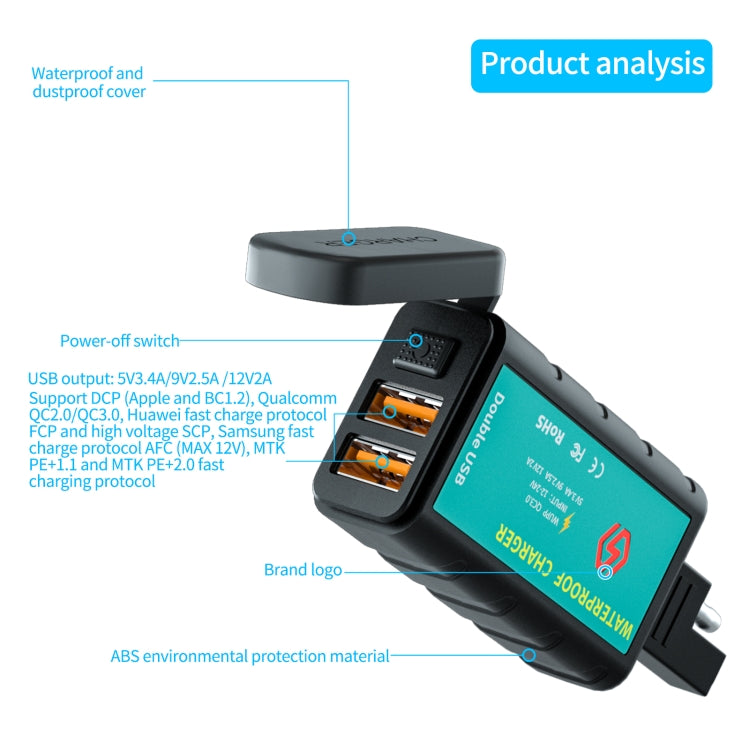 WUPP ZH-1422C2 Motorcycle Square Dual USB Fast Charging Charger with Switch + Integrated SAE Socket + 1m SAE Socket Cable - Battery Charger by WUPP | Online Shopping South Africa | PMC TechLife | Buy Now Pay Later Mobicred