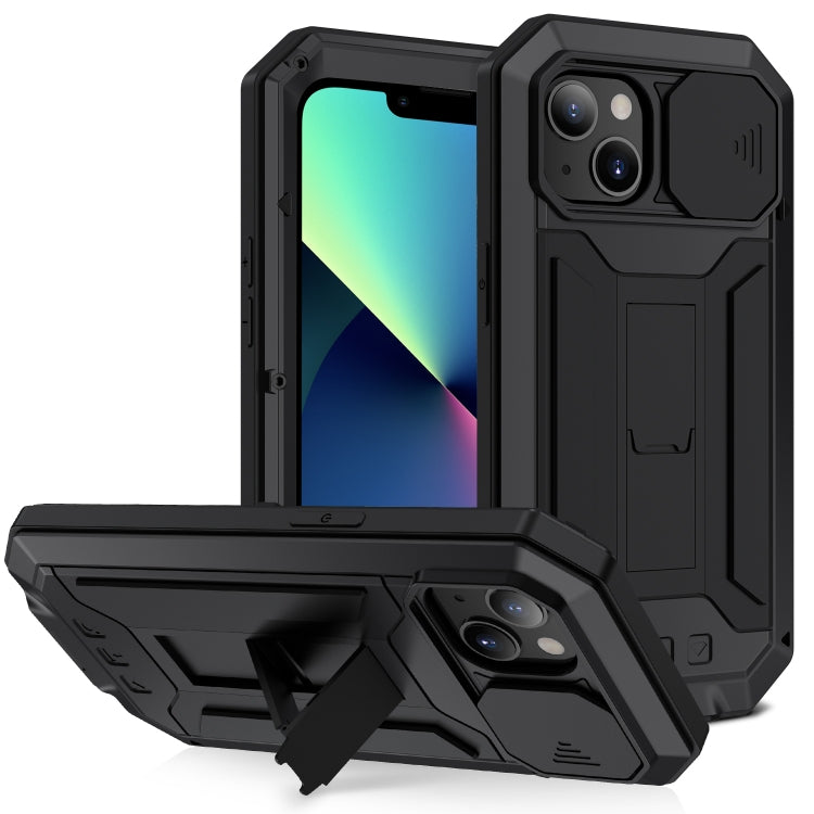 For iPhone 13 mini R-JUST Sliding Camera Shockproof Life Waterproof Dust-proof Metal + Silicone Protective Case with Holder (Black) - free shipping - PMC TechLife - Order now!
