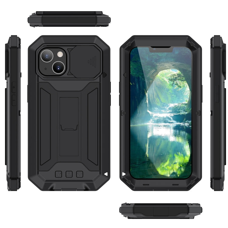 For iPhone 13 mini R-JUST Sliding Camera Shockproof Life Waterproof Dust-proof Metal + Silicone Protective Case with Holder (Black) - free shipping - PMC TechLife - Order now!