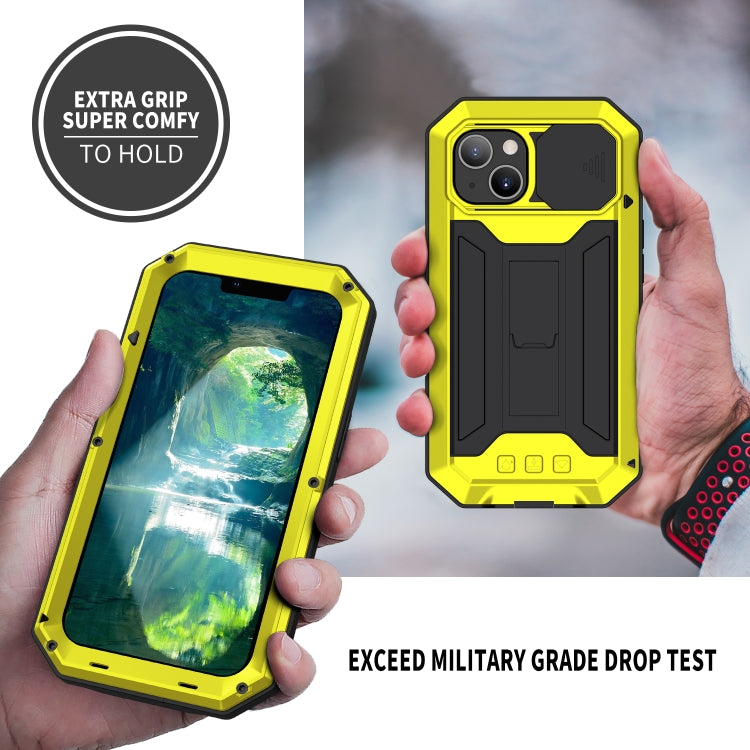 For iPhone 13 R-JUST Sliding Camera Shockproof Life Waterproof Dust-proof Metal + Silicone Protective Case with Holder(Yellow) - iPhone 13 Cases by R-JUST | Online Shopping South Africa | PMC Jewellery