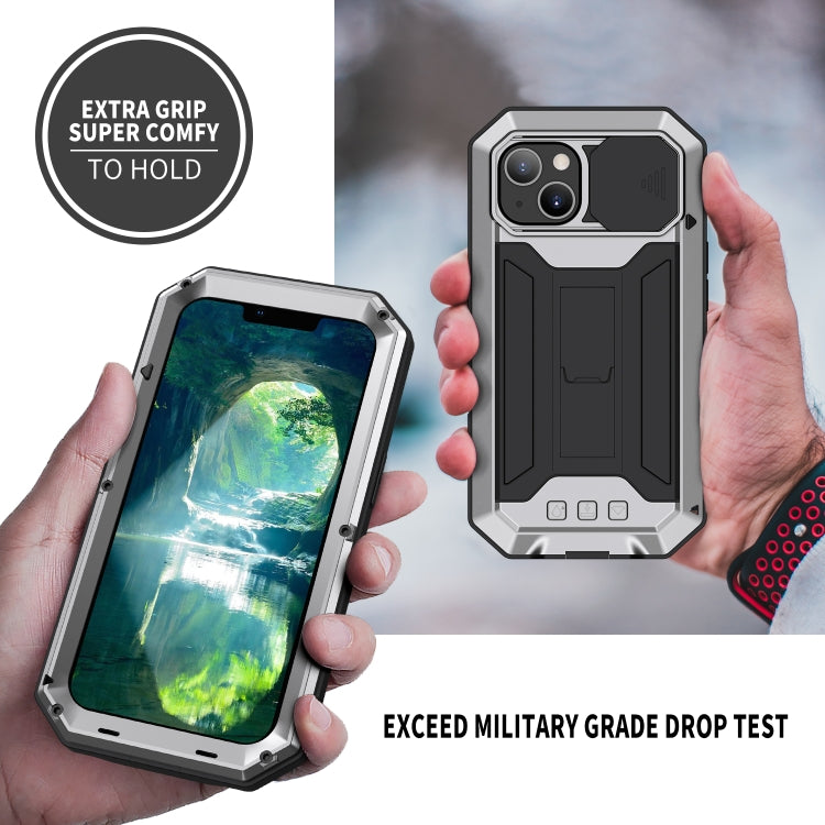 For iPhone 13 R-JUST Sliding Camera Shockproof Life Waterproof Dust-proof Metal + Silicone Protective Case with Holder(Silver) - iPhone 13 Cases by R-JUST | Online Shopping South Africa | PMC Jewellery | Buy Now Pay Later Mobicred