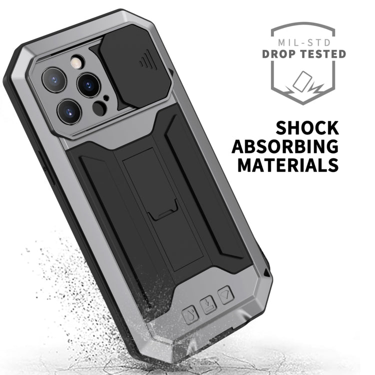 For iPhone 13 Pro Max R-JUST Sliding Camera Shockproof Life Waterproof Dust-proof Metal + Silicone Protective Case with Holder (Silver) - iPhone 13 Pro Max Cases by R-JUST | Online Shopping South Africa | PMC Jewellery