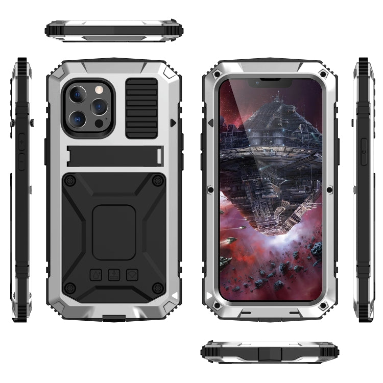 For iPhone 13 mini R-JUST Shockproof Waterproof Dust-proof Metal + Silicone Protective Case with Holder (Silver) - iPhone 13 mini Cases by R-JUST | Online Shopping South Africa | PMC TechLife | Buy Now Pay Later Mobicred