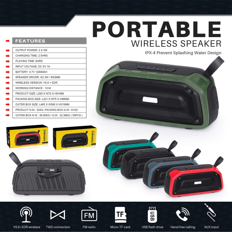 New Rixing NR-906 TWS Waterproof Bluetooth Speaker Support Hands-free Call / FM with Handle(Army Green) - Desktop Speaker by NewRixing | Online Shopping South Africa | PMC Jewellery | Buy Now Pay Later Mobicred