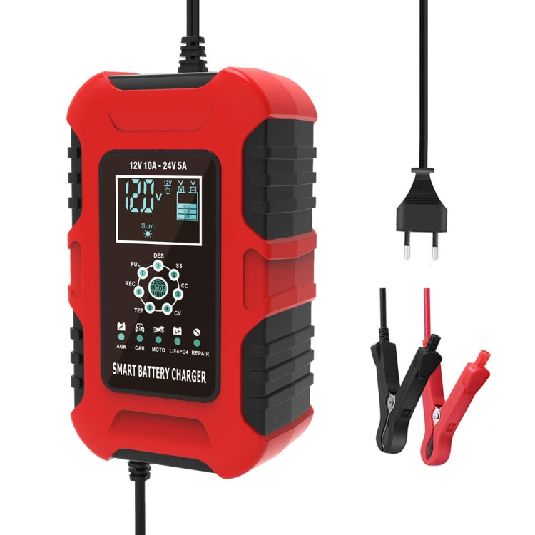 FOXSUR 10A 12V 7-segment Motorcycle / Car Smart Battery Charger, Plug Type:EU Plug(Red) - Battery Charger by FOXSUR | Online Shopping South Africa | PMC TechLife | Buy Now Pay Later Mobicred
