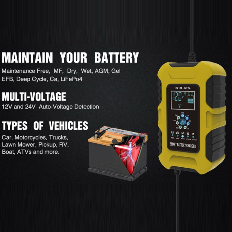 FOXSUR 10A 12V 7-segment Motorcycle / Car Smart Battery Charger, Plug Type:EU Plug(Yellow) - free shipping - PMC TechLife - Order now!