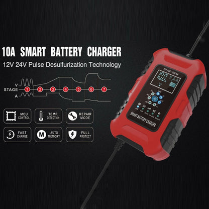 FOXSUR 10A 12V 7-segment Motorcycle / Car Smart Battery Charger, Plug Type:UK Plug(Red) - Battery Charger by FOXSUR | Online Shopping South Africa | PMC Jewellery | Buy Now Pay Later Mobicred