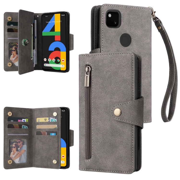 For Google Pixel 4A 4G Rivet Buckle 9 Cards Three Fold Leather Phone Case(Grey) - Google Cases by PMC Jewellery | Online Shopping South Africa | PMC Jewellery | Buy Now Pay Later Mobicred