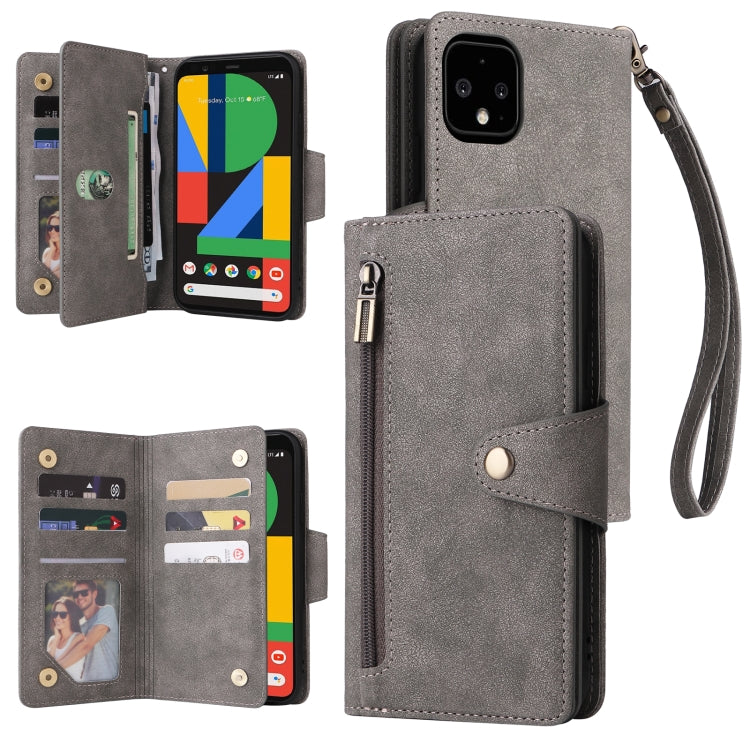 For Google Pixel 4 XL Rivet Buckle 9 Cards Three Fold Leather Phone Case(Grey) - Google Cases by PMC Jewellery | Online Shopping South Africa | PMC Jewellery | Buy Now Pay Later Mobicred