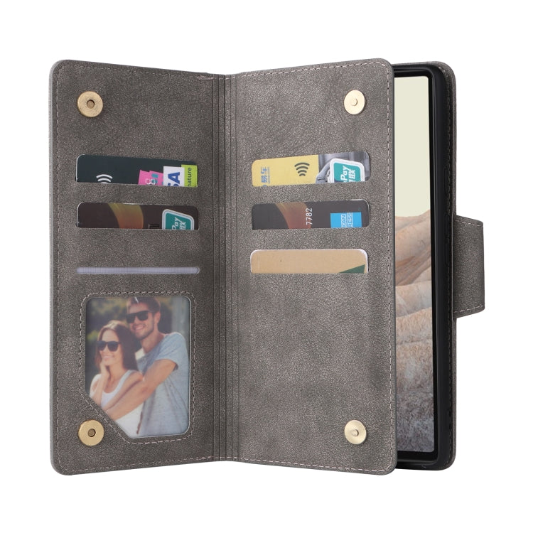 For Google Pixel 6 Rivet Buckle 9 Cards Three Fold Leather Phone Case(Grey) - Google Cases by PMC TechLife | Online Shopping South Africa | PMC TechLife | Buy Now Pay Later Mobicred