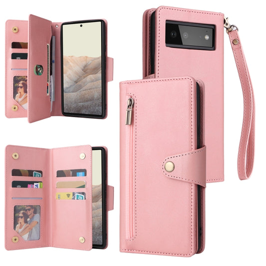 For Google Pixel 6 Rivet Buckle 9 Cards Three Fold Leather Phone Case(Rose Gold) - Google Cases by PMC Jewellery | Online Shopping South Africa | PMC Jewellery | Buy Now Pay Later Mobicred