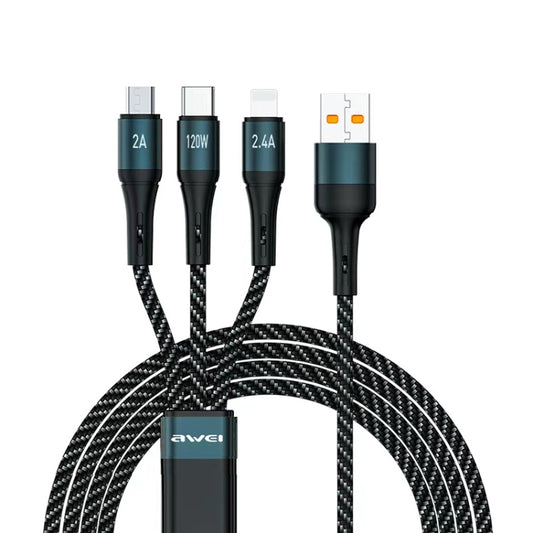 awei CL-972 Type-C / USB-C + 8 Pin + Micro USB 3 In 1 Fast Charging Data Cable, Length: 1.2m(Black) - Multifunction Cable by awei | Online Shopping South Africa | PMC Jewellery | Buy Now Pay Later Mobicred