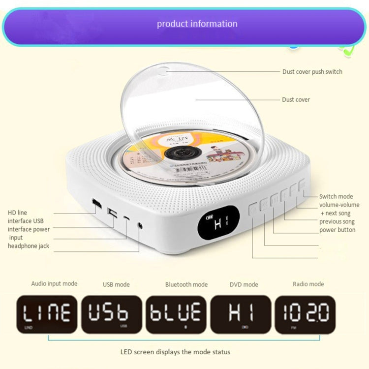 Kecag KC-609 Wall Mounted Home DVD Player Bluetooth CD Player, Specification:CD Version +Not Connected to TV + Charging Version(White) - free shipping - PMC Jewellery - Order now!