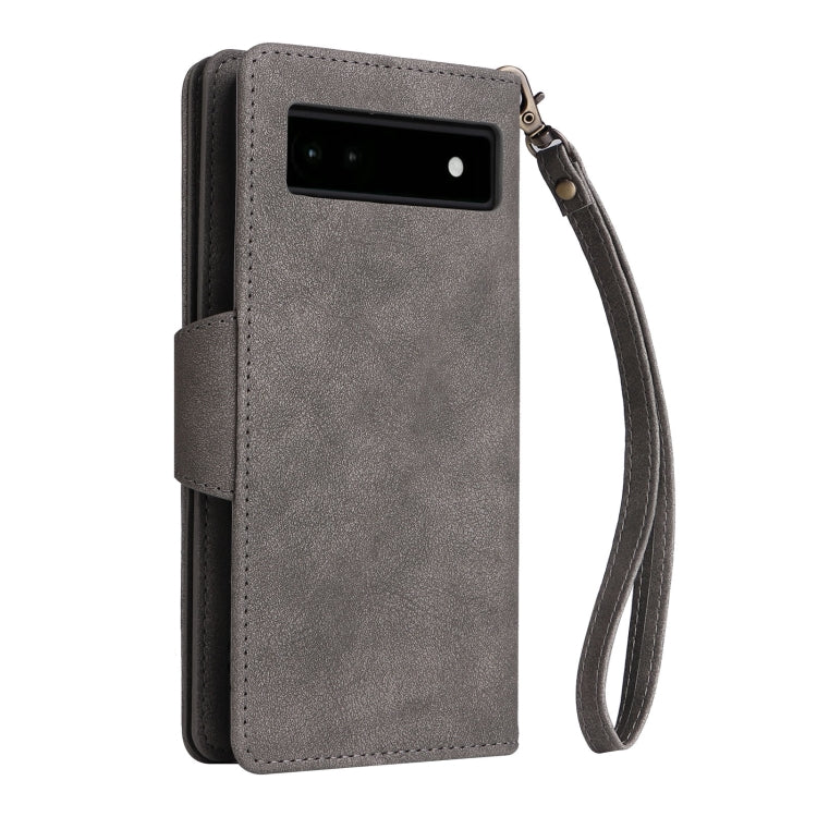 For Google Pixel 6a Rivet Buckle 9 Cards Three Fold Leather Phone Case(Grey) - Google Cases by PMC Jewellery | Online Shopping South Africa | PMC Jewellery | Buy Now Pay Later Mobicred