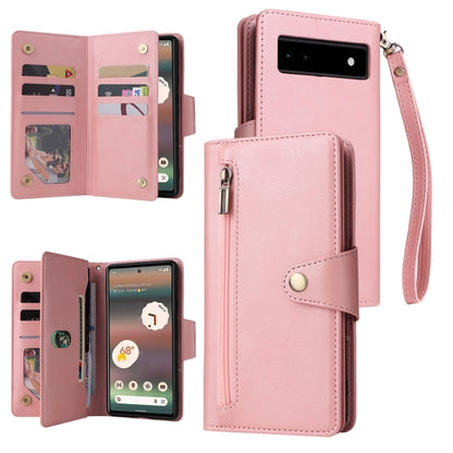 For Google Pixel 6a Rivet Buckle 9 Cards Three Fold Leather Phone Case(Rose Gold) - Google Cases by PMC Jewellery | Online Shopping South Africa | PMC Jewellery | Buy Now Pay Later Mobicred