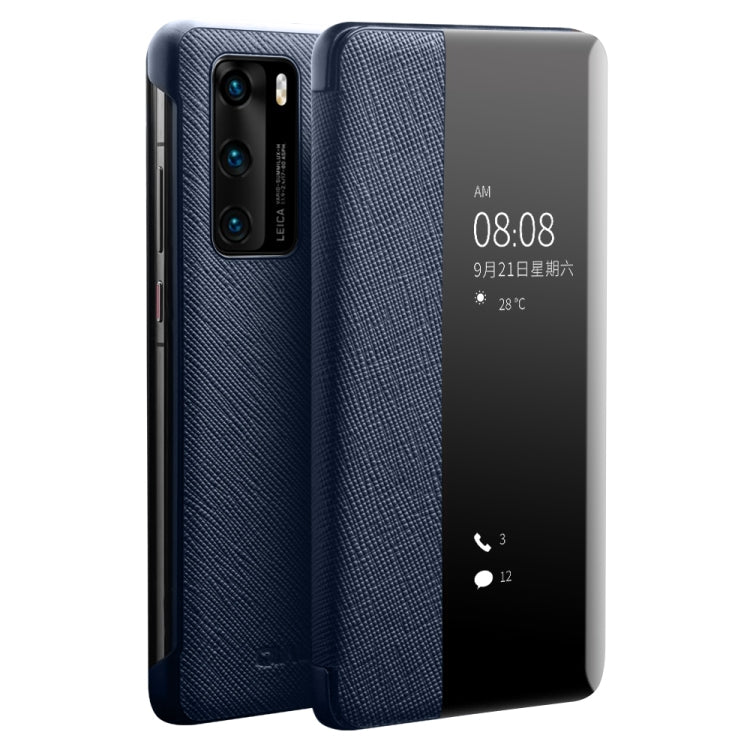 For Huawei P40 QIALINO Puda Texture Side Window View Leather Phone Case(Blue) - free shipping - PMC TechLife - Order now!